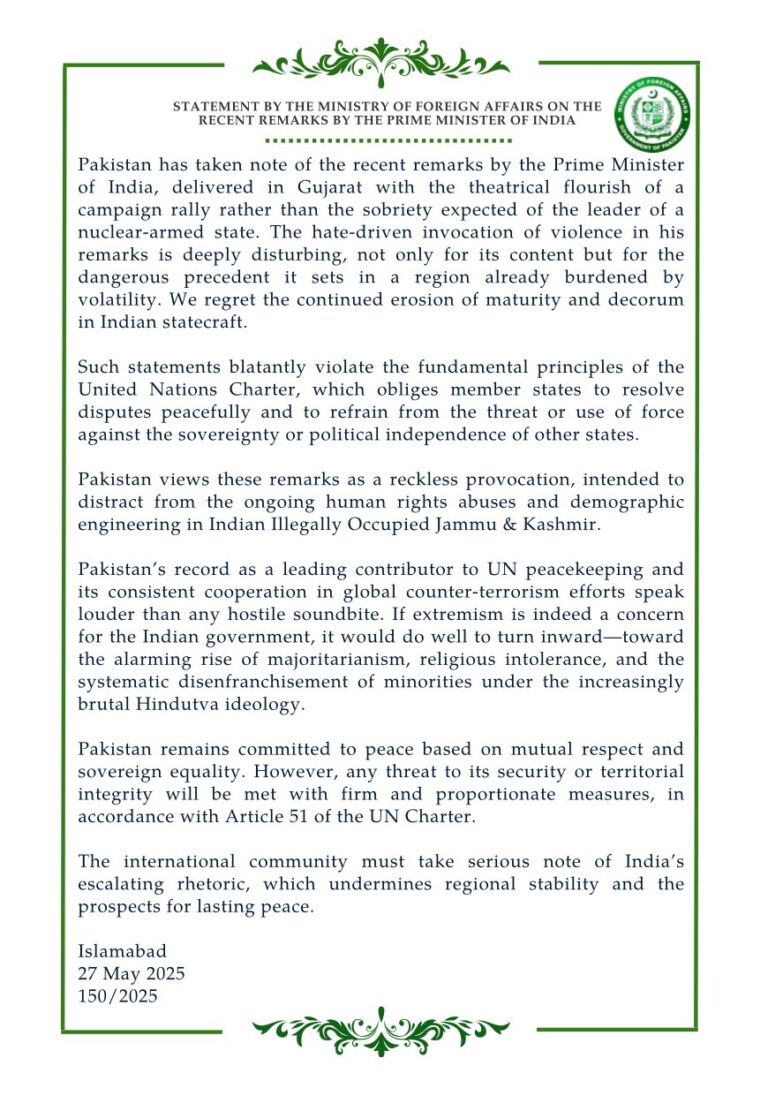 Statement by the Ministry of Foreign Affairs on the Recent Remarks by the Prime Minister of India.