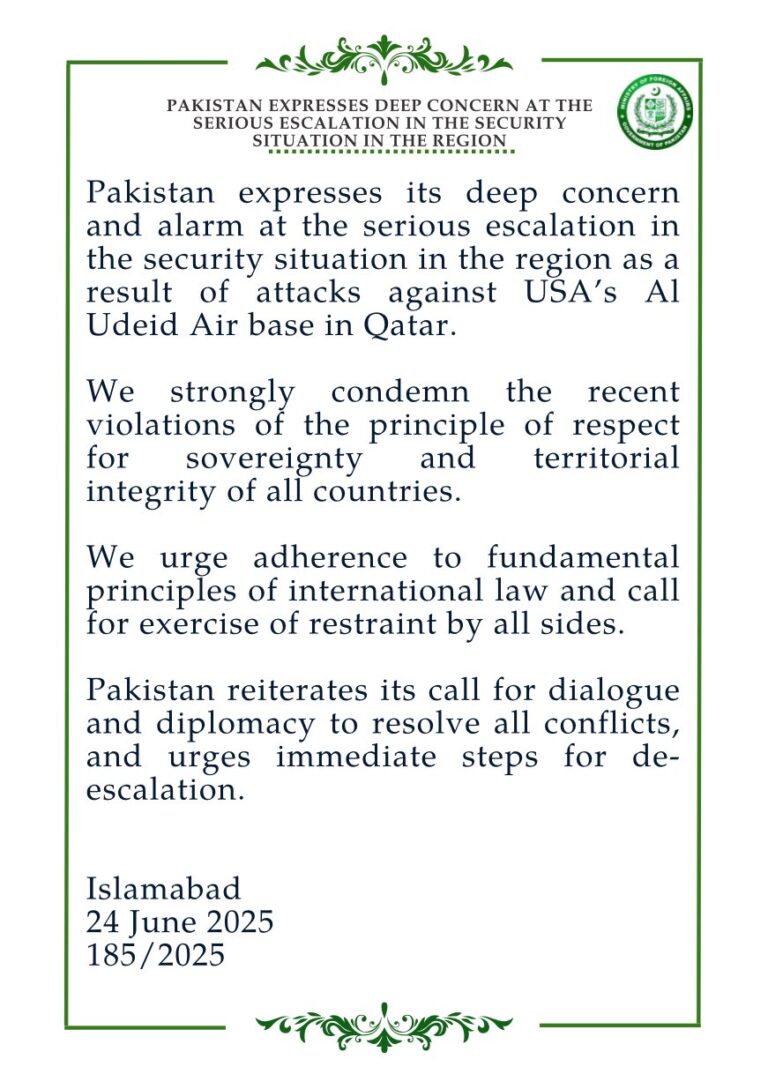 Pakistan Expresses Deep Concern at the Serious Escalation in the Security Situation in the Region.