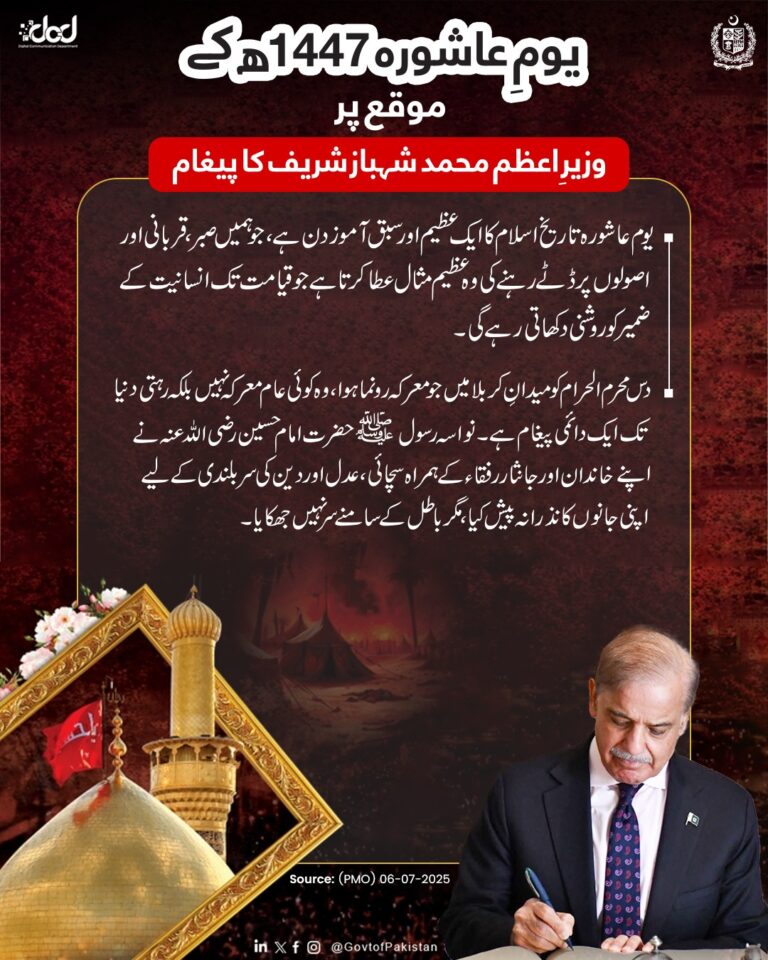 وزیرِاعظم محمد شہباز شریف کا یوم عاشورہ 1447ھ کے موقع پر پیغام