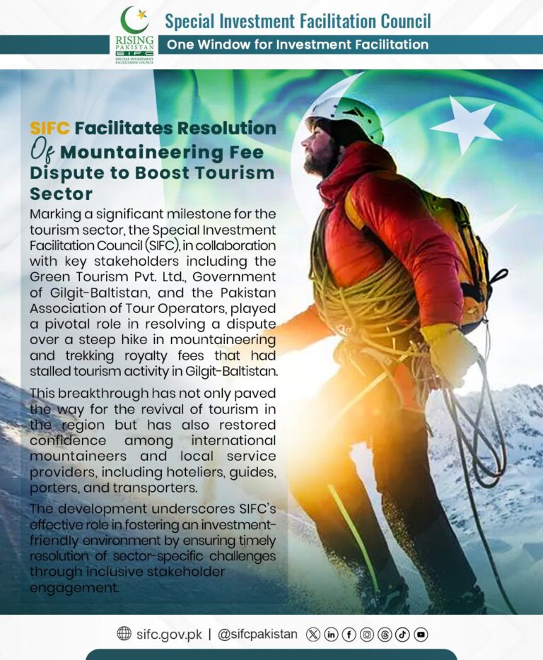 SIFC played a pivotal role in resolving a dispute over a steep hike in mountaineering and trekking royalty fees to boost the tourism sector.