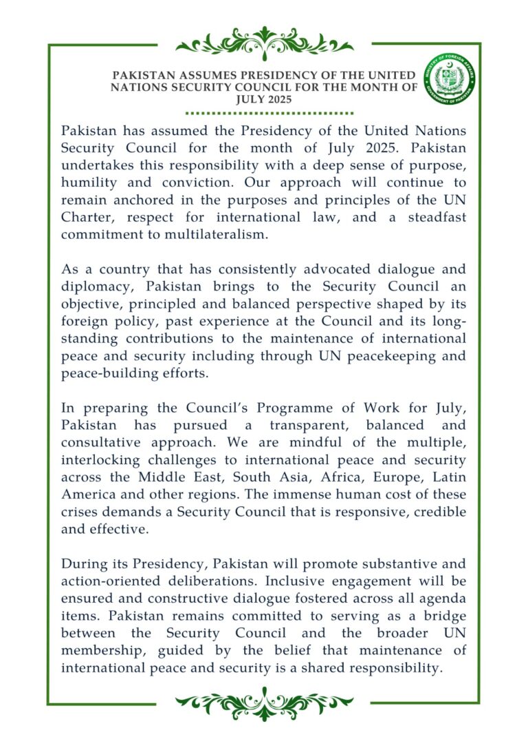 Pakistan Assumes Presidency of the United Nations Security Council for the Month of July 2025