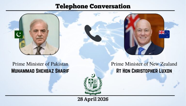 Prime Minister Muhammad Shehbaz Sharif and the Prime Minister of New Zealand, Rt Hon Christopher Luxon exchanged views on the evolving situation in the Middle East